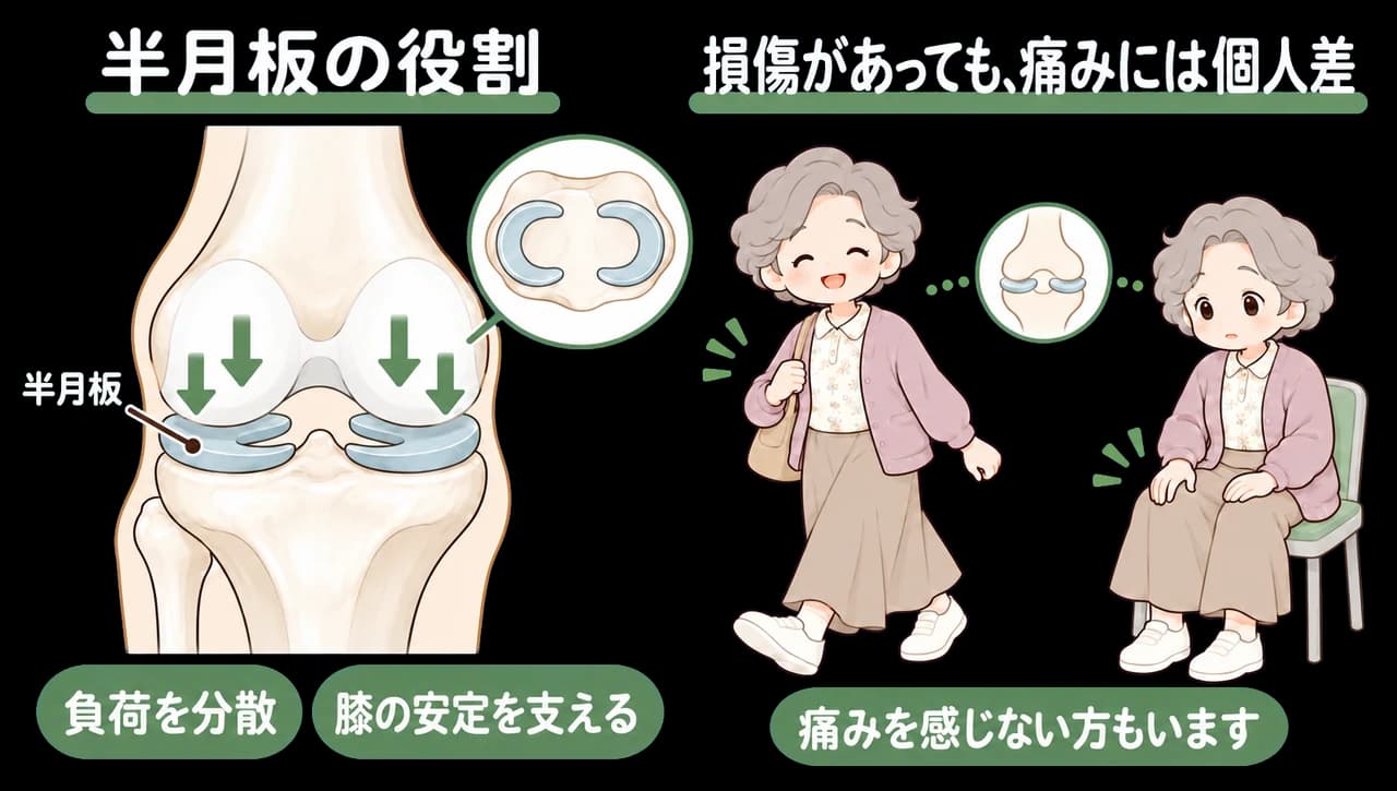 半月板が膝の負荷を分散し安定を支える役割と、損傷があっても痛みを感じない方がいることを示したイラスト