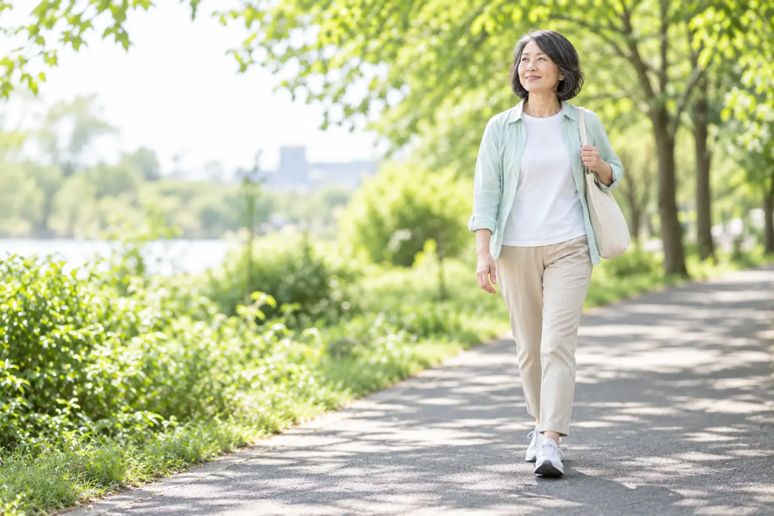 木々のある道を歩く女性のイメージ