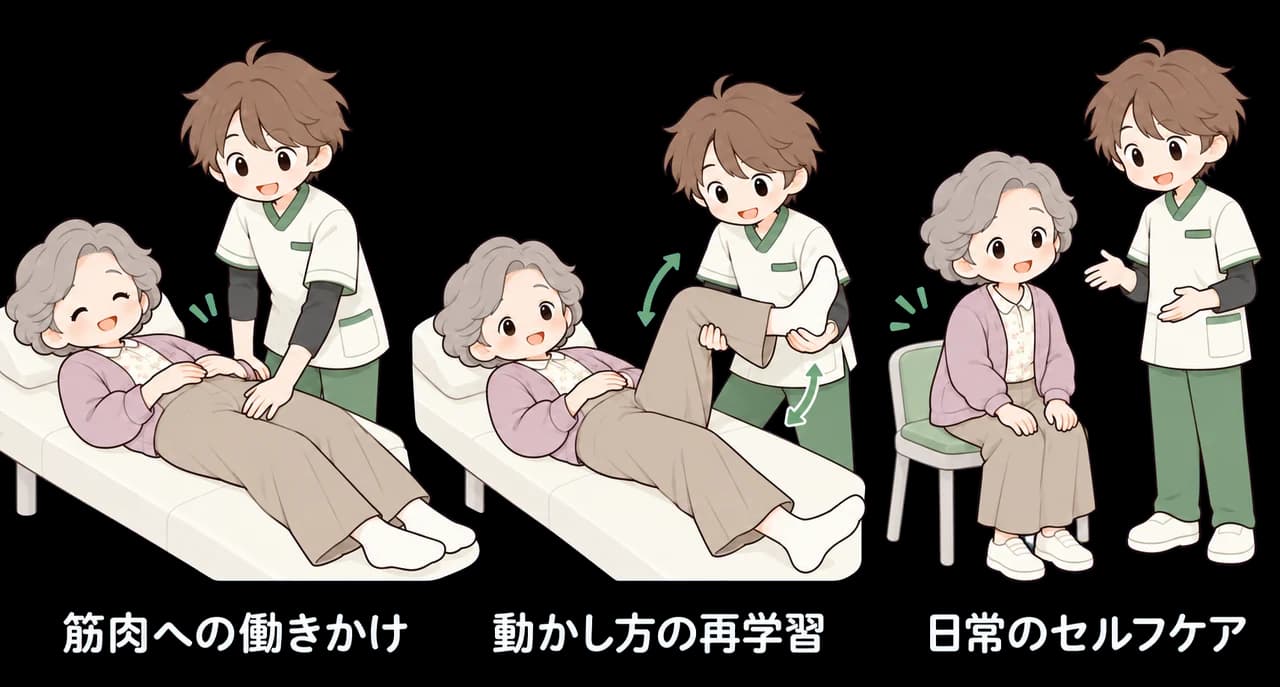 筋肉への働きかけ、動かし方の再学習、日常のセルフケアを、施術者と高齢の女性で示したイラスト