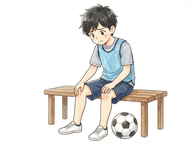 膝を押さえてベンチに座る少年