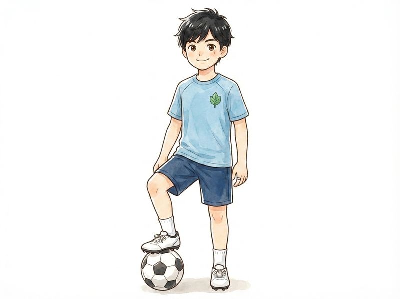 サッカーボールと一緒に立つ少年