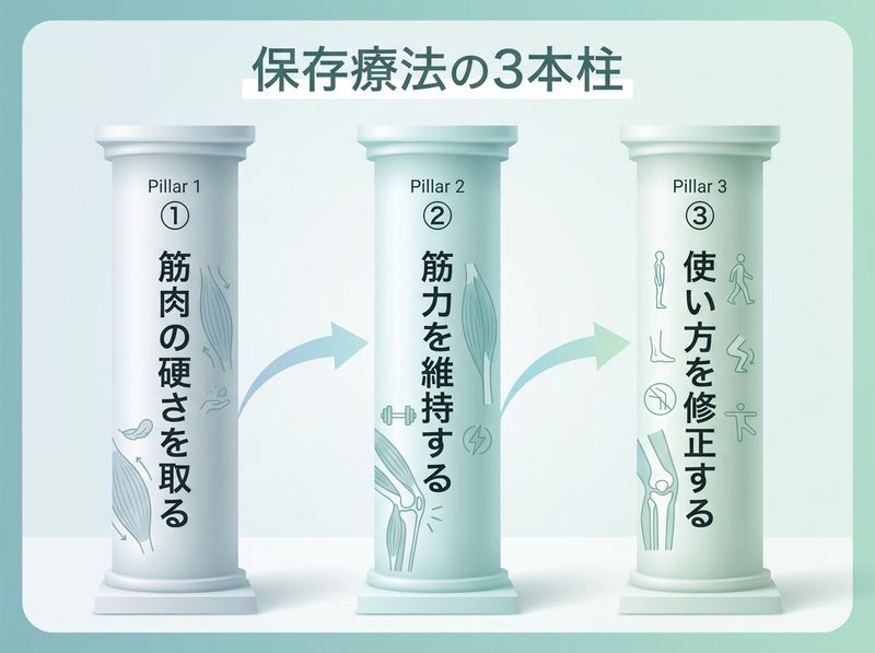 保存療法の3本柱:筋肉の硬さの解消・筋力の維持回復・動作パターンの修正