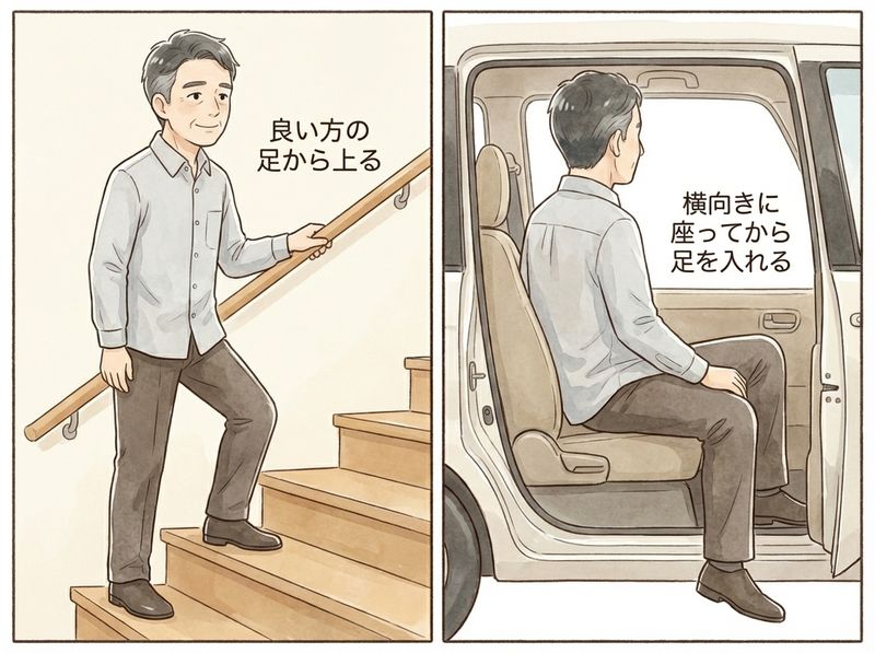 日常生活のコツ:適度な運動・冷やしすぎ注意・階段の手すり活用・靴選び・寝姿勢の工夫