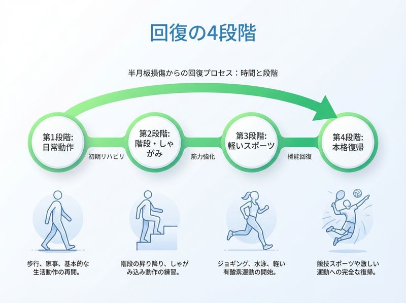 半月板損傷の回復段階:歩行改善→日常動作→軽いスポーツ→本格的復帰の4段階