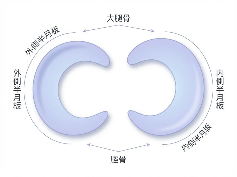 半月板の解剖図:大腿骨と脛骨の間に位置する内側・外側半月板の構造