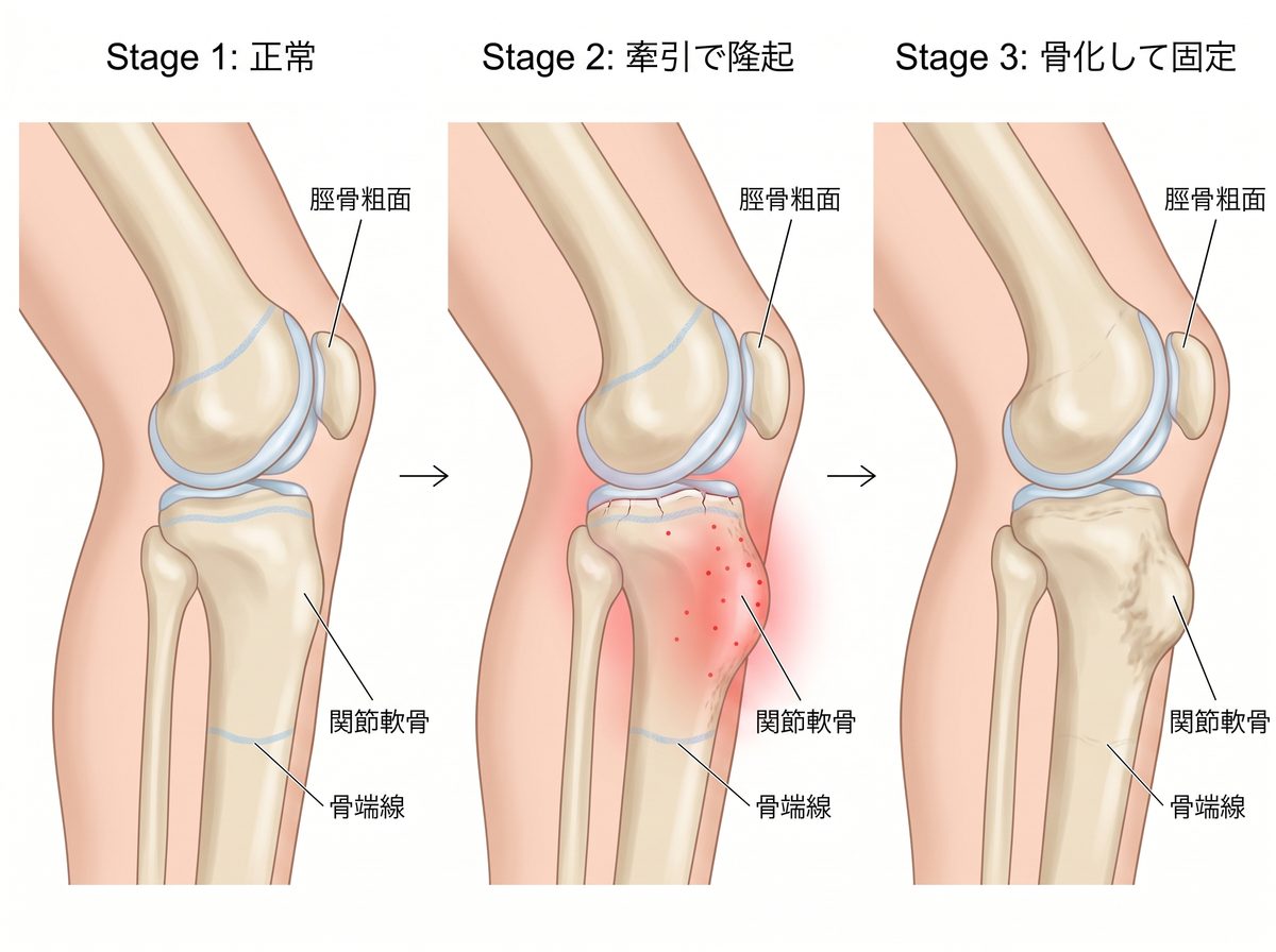 オスグッドの出っ張り形成:脛骨粗面が隆起する過程と痛みとの関係