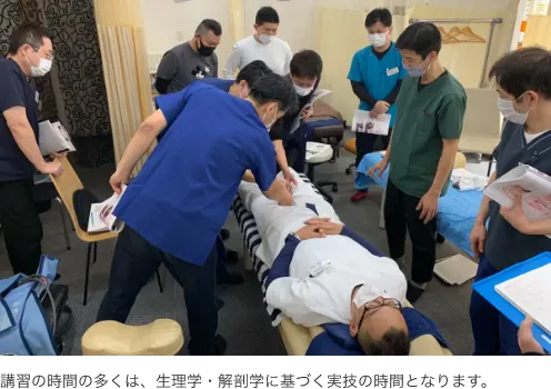 講習の時間の多くは、生理学・解剖学に基づく実技の時間となります。